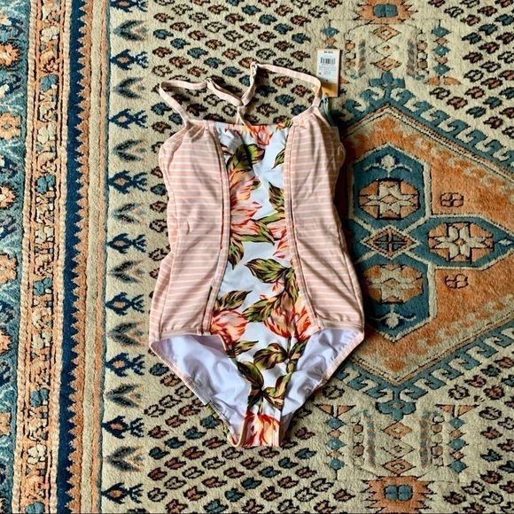 Kona Sol Pieced Stripe Retro Peach One Piece - Picture 1 of 3